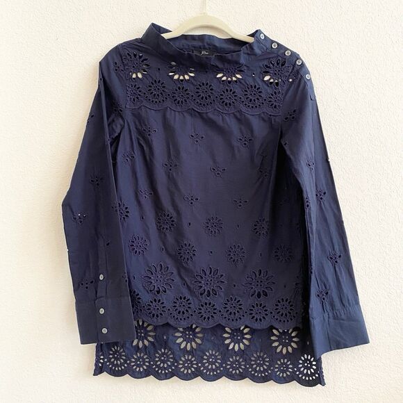 J CREW Women's Navy Eyelet Funnel Neck Long Sleeve Scallop Edge Blouse sz 00 - Picture 6 of 9